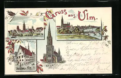 Lithographie Ulm, Münster, Rathaus, Ortsansicht mit Brücke
