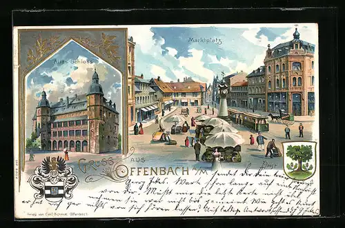 Lithographie Offenbach a. M., Altes Schloss, Marktplatz