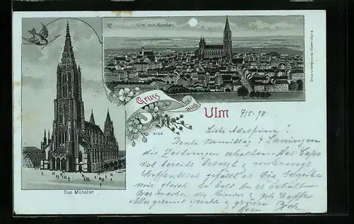 Mondschein-Lithographie Ulm, Totalansicht mit Münster