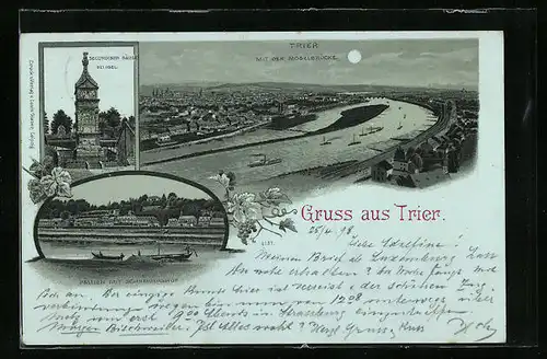 Mondschein-Lithographie Trier, Ortsansicht mit der Moselbrücke, Secundiner Säule, Pallien mit Schneidershof