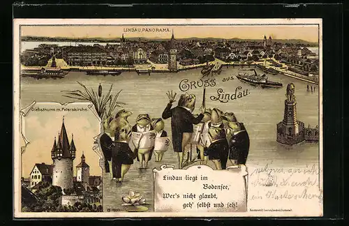 Lithographie Lindau, Panorama der Stadt, Diebsthurm mit Peterskirche, Frosch-Chor