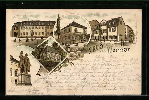 Lithographie Weimar, Goethe-, Schiller- und Liszt-Haus, Schiller-Goethe-Denkmal