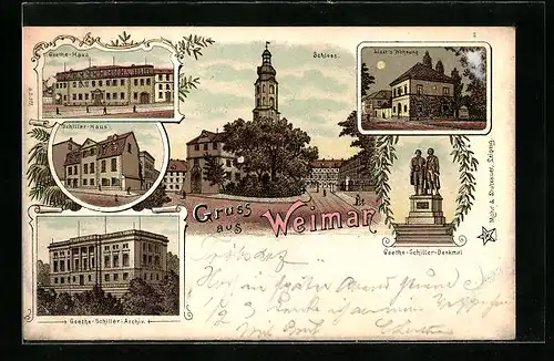 Lithographie Weimar, Schloss, Wohnhaus Liszt, Goethe-Schiller-Archiv