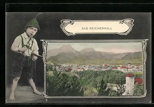 Passepartout-AK Bad Reichenhall, Ortsansicht im Rahmen, Trachtenbub