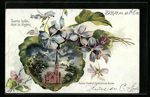 Passepartout-Lithographie Berlin, Kaiser-Friedrich-Gedächtnisskirche im Blütenblatt