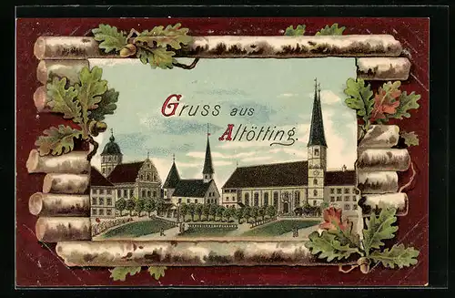 Passepartout-AK Altötting, Ortspartie mit Anlagen und Kirche auf Birkenstämmen