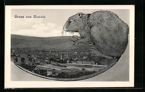 Künstler-AK Hameln, Ortsansicht hinter Ratte mit Weinglas