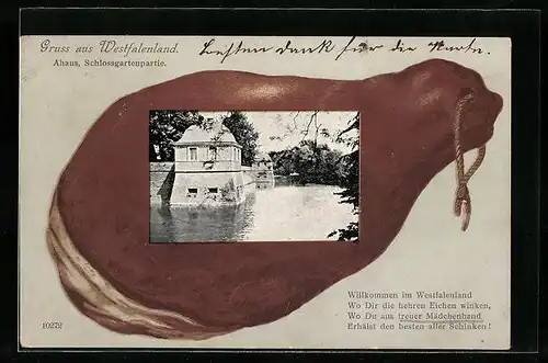 Passepartout-AK Ahaus, Schlossgartenpartie im Westfälischen Schinken