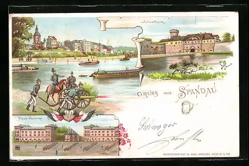 Lithographie Berlin-Spandau, Juliusthurm, Panorama hinter der Havel, Neue Kaserne