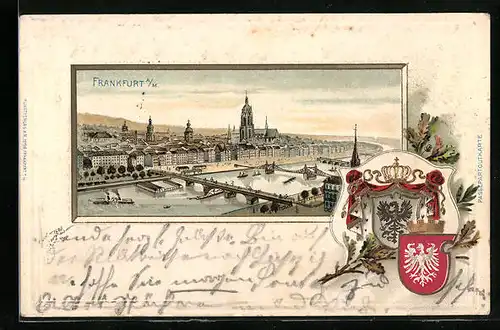 Passepartout-Lithographie Frankfurt a. M., Ortsansicht mit Brücken aus der Vogelschau, Wappen