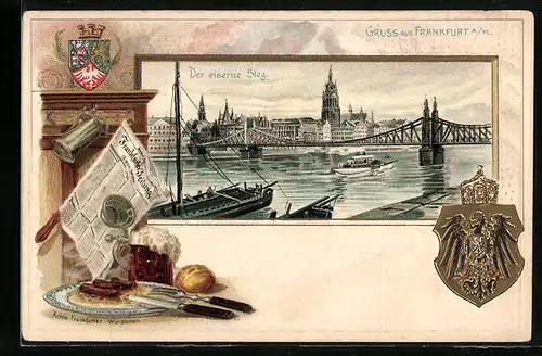 Passepartout-Lithographie Alt-Frankfurt, Der eiserne Steg, Wappen, Stilleben mit Frankfurter Würstchen