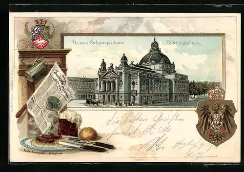 Passepartout-Lithographie Frankfurt a. M., Neues Schauspielhaus, Stilleben mit Frankfurter Zeitung und Würstchen, Wappen