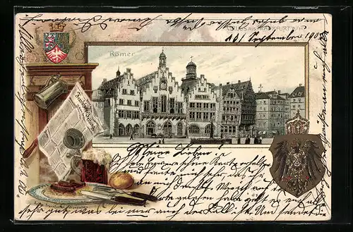 Passepartout-Lithographie Alt-Frankfurt, Partie am Römer, Stilleben mit Frankfurter Zeitung und Würstchen, Wappen