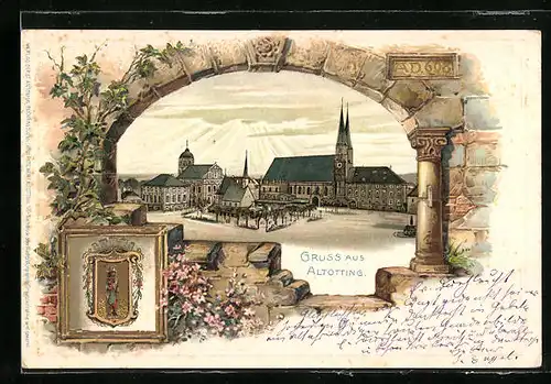 Passepartout-Lithographie Altötting, Partie am Marktplatz, Wappen