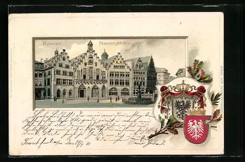 Passepartout-Lithographie Alt-Frankfurt, Blick auf den Römer, Wappen