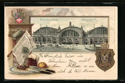Passepartout-Lithographie Frankfurt a. M., Partie am Hauptbahnhof, Wappen, Stilleben Frankfurter Würstchen im Gasthaus