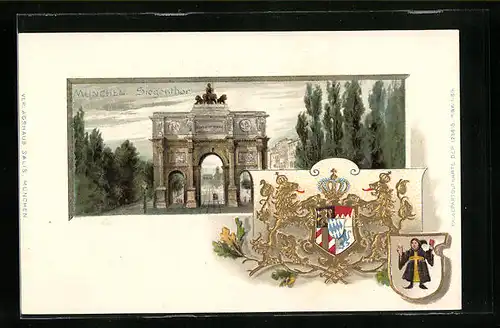 Passepartout-Lithographie München, Partie am Siegesthor, Wappen, Kindl
