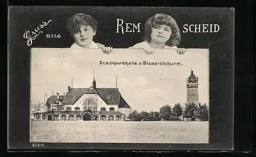 Künstler-AK Remscheid, Bild Stadtparkhalle und Bismarckturm, von Kindern gehalten