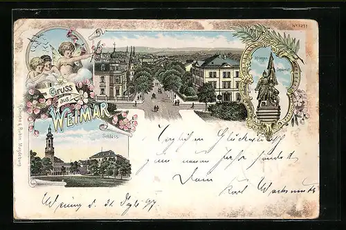 Lithographie Weimar, Teilansicht aus der Vogelschau, Schloss, Kriegerdenkmal, Putten