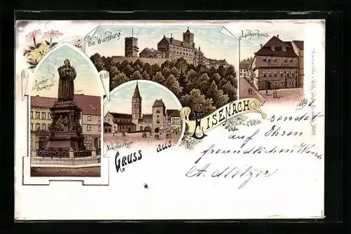 Lithographie Eisenach, Luther-Denkmal, Wartburg, Nikolaithor