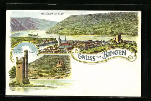 Lithographie Bingen, Totalansicht mit Umgebung, Mäuseturm und Ruine Ehrenfels