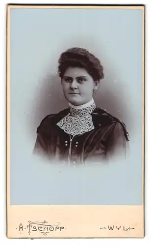 Fotografie H. Tschopp, Wyl, Portrait bildschöne junge Frau mit Stickerei am Kleiderkragen