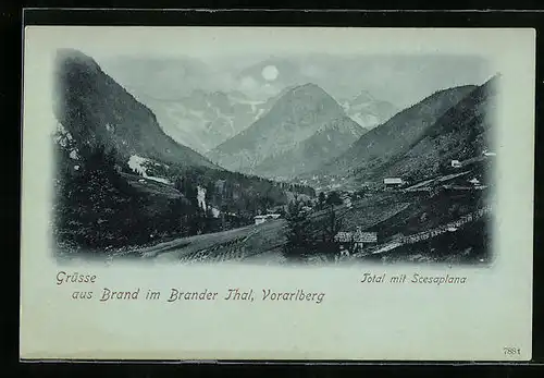 Mondschein-AK Brand, Totalansicht mit Scesaplana