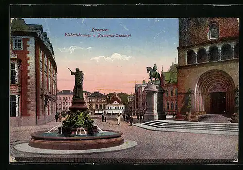AK Bremen, Wilhadibrunnen und Bismarck-Denkmal