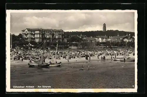 AK Ahlbeck / Ostsee, Strand mit Hotel