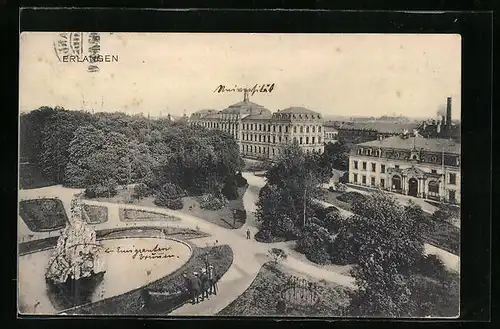 AK Erlangen, Teilansicht mit Emigrantenbrunnen, Colleg und Mineralog. Institut