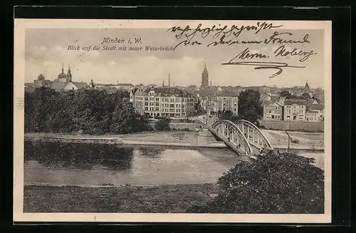 AK Minden i. W., Blick auf Stadt mit neuer Weserbrücke