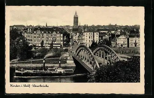 AK Minden i. W., Weserbrücke mit Weserdampfer