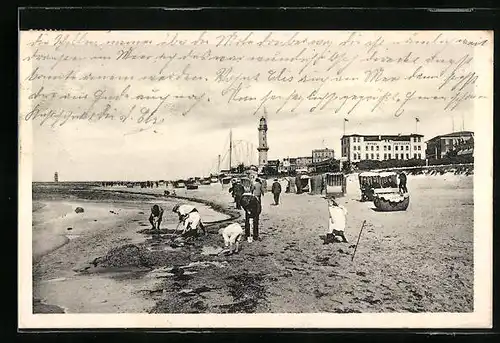 AK Warnemünde, Strand mit Leuchtturm