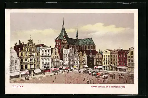 AK Rostock, Neuer Markt mit Marienkirche
