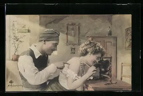 Künstler-AK Charles Scolik: Frau vor dem Spiegel mit einem Herrn