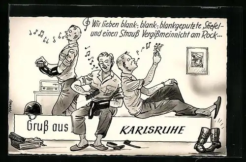 Künstler-AK Karlsruhe, Soldaten der Bundeswehr putzen ihre Stiefel