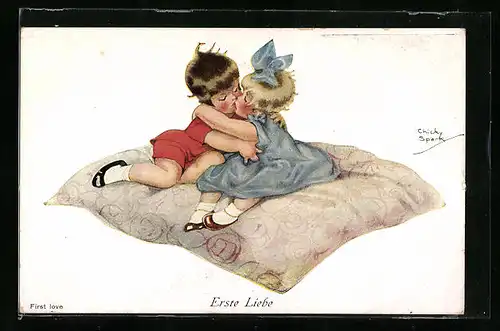 Künstler-AK Chicky Spark: Erste Liebe, Kinderpaar küsst sich