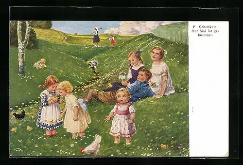Künstler-AK Franziska Schenkel: Der Mai ist gekommen, Kinder mit Hühnern auf einer Blumenwiese
