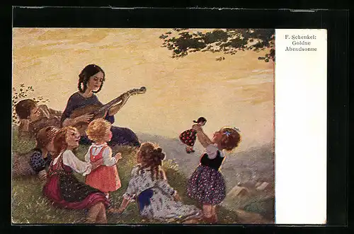 Künstler-AK Franziska Schenkel: Goldne Abendsonne, Frau mit Gitarre und Kindern