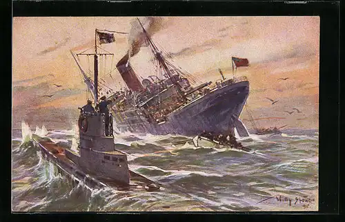 Künstler-AK Willy Stoewer: Vernichtung eines englischen Handelsdampfers durch ein deutsches Unterseeboot