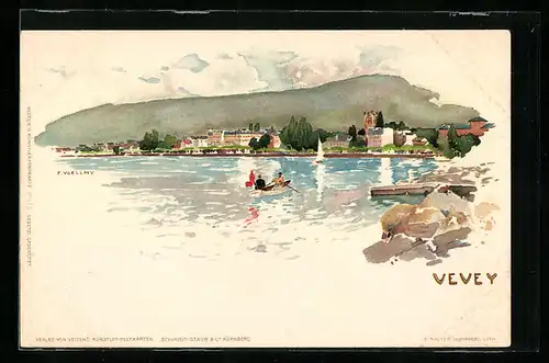 Künstler-AK Fritz Voellmy: Vevey, Uferpartie mit Boot