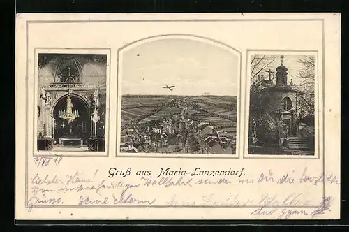 AK Maria-Lanzendorf, Kirche, Aussen- und Innenansicht, Panorama