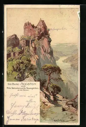 Künstler-AK Aggstein, Burg und Ritter Schreckenwalds Rosengärtlein