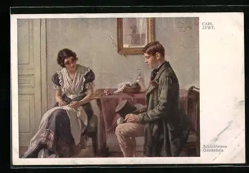 Künstler-AK Carl Zewy: Schüchternes Geständnis, Junger Mann mit Frau am Tisch