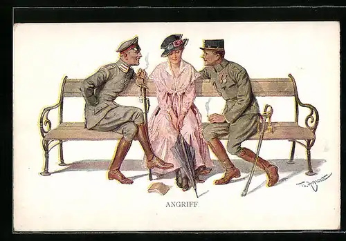 Künstler-AK Theo Zasche: Angriff, Junge Frau sitzt zwischen zwei Soldaten