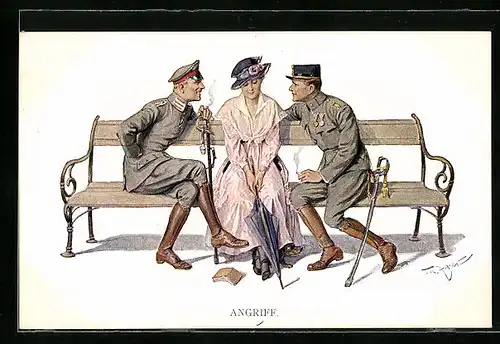 Künstler-AK Theo Zasche: Angriff, Junge Frau sitzt zwischen zwei Soldaten