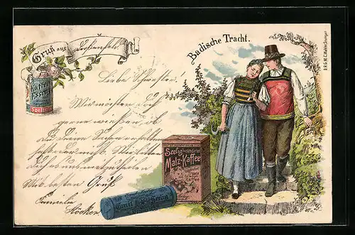AK Paar in Badischer Tracht, Reklame für Seelig`s Malz-Kaffee