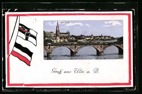 Präge-AK Ulm a. D., Teilansicht mit Kirche und Brücke