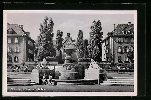 AK Zweibrücken, Mannlichplatz mit Brunnen