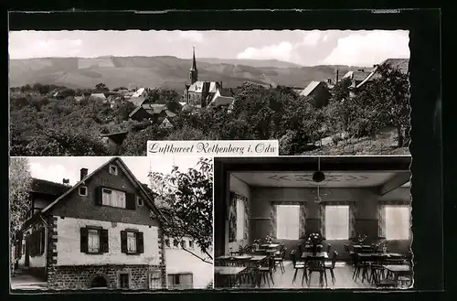 AK Rothenberg i. Odw., Gasthaus zur frischen Quelle, Innenansicht, Teilansicht mit Kirche